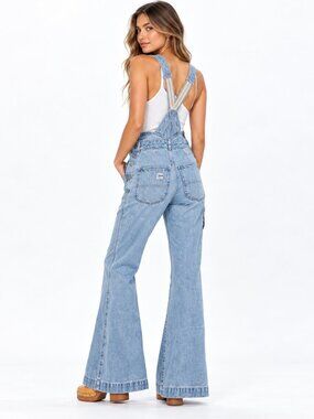 Free People x Lee Factory Flare Overalls Vibrant Blues Denim Bib NWT Small
